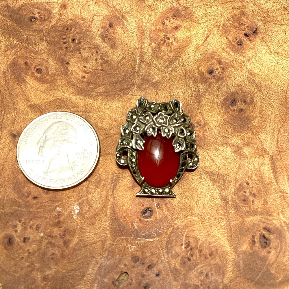 Vintage Floral Vase Amber Cabochon Lapel Brooch Shoe Clip